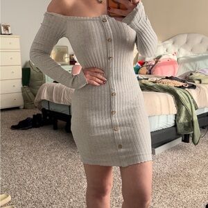 Fashion Nova Off-Shoulder Jacklyn Buttoned Dress in Light Gray